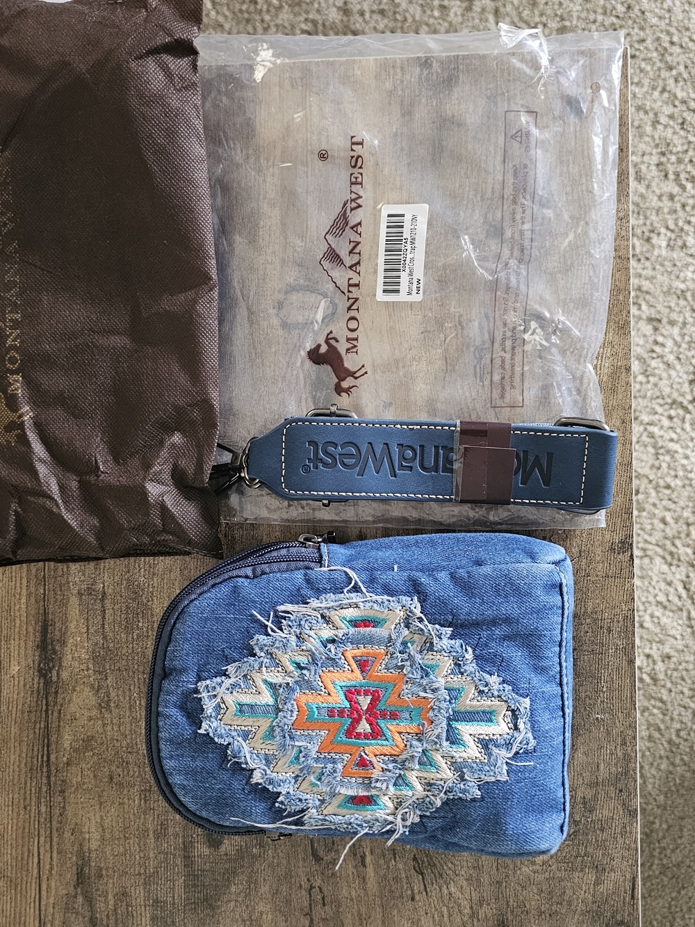 Montana West Blue Denim Embroidered Key & Card Pouch with Wrist Strap